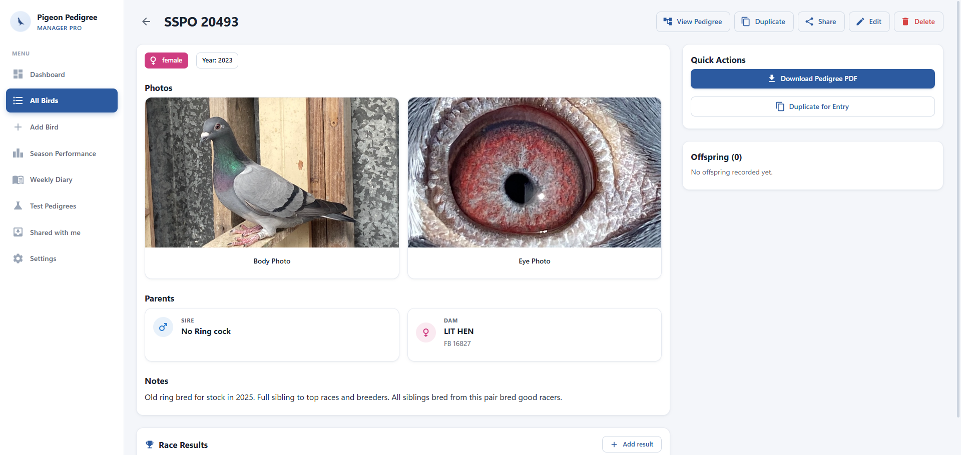 Pigeon profile page with body photo, eye photo, parents, notes, and pedigree PDF download