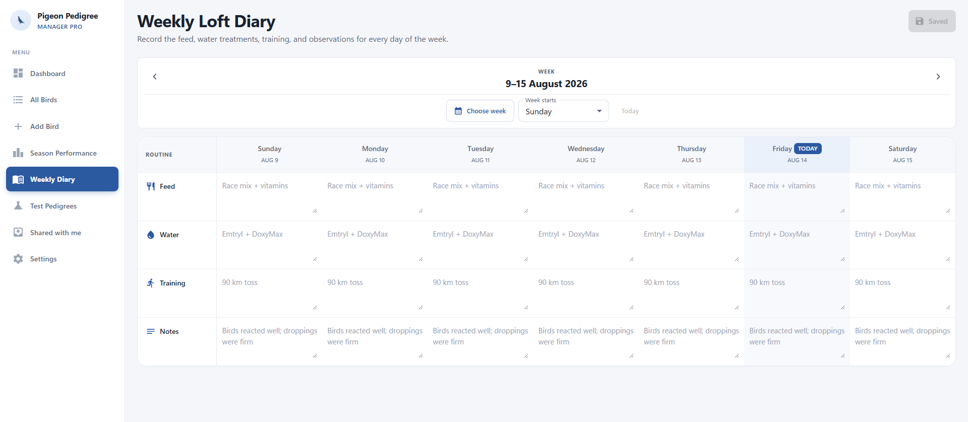 Weekly loft diary page for feed, water, training, and notes